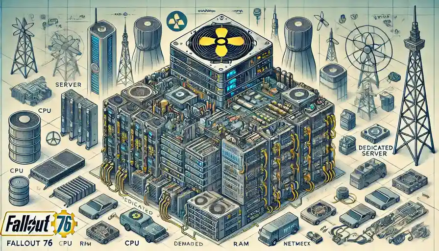 A detailed illustration of a Fallout 76 Dedicated Servers, showing the hardware and how it supports game performance and stability