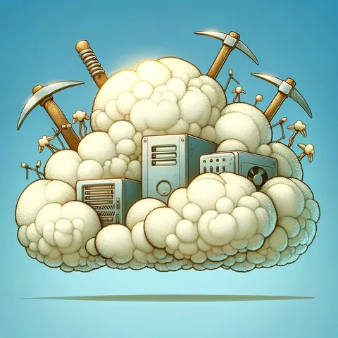 A whimsical cloud illustration featuring a fluffy cloud with servers and pickaxes peeking out.