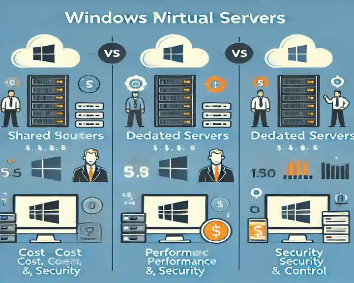 An infographic comparing Windows Hosting Virtual Servers to Shared Hosting, Dedicated Servers, and Cloud Hosting