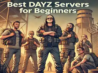 Best DayZ Servers for Beginners showing a group of new male players in a post apocalyptic setting