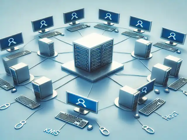 KMS Servers KMS (Key Management Service) server network showing multiple computers connected to a central server