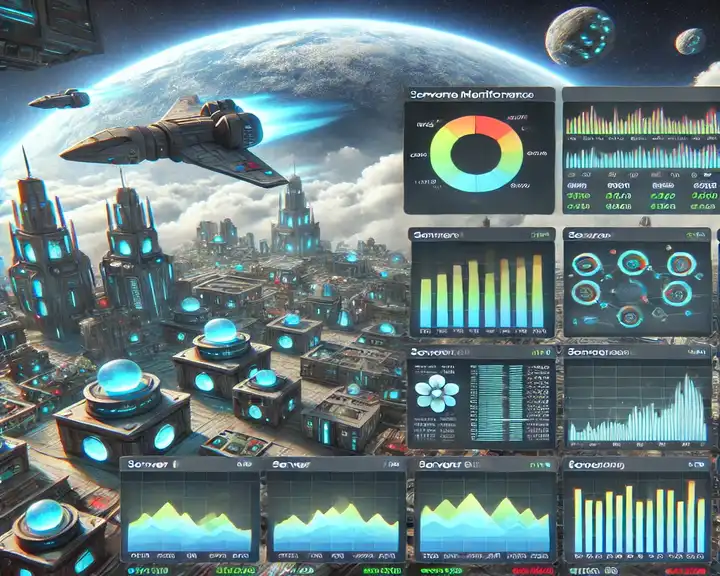 SkyFactory 4 Server Hosting dashboard showing performance monitoring tools, with graphs and charts tracking server performance and resource usage, agains