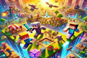 Best Survival Games Minecraft Servers - A vibrant and engaging Minecraft scene showing players in a survival games arena